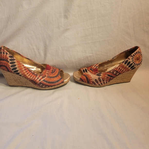 Faded Glory Women Wedges Size 11 Orange Rainbow Open Toe Summertime Fabric - Picture 4 of 8